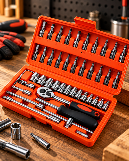 SET DE HERRAMIENTAS 46 PIEZAS CON LLAVE DE 1/4