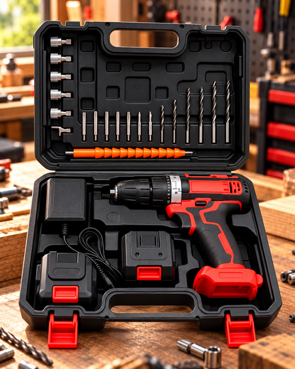 SET DE TALADRO INALÁMBRICO 21V CON 2 BATERÍAS Y 26 PIEZAS