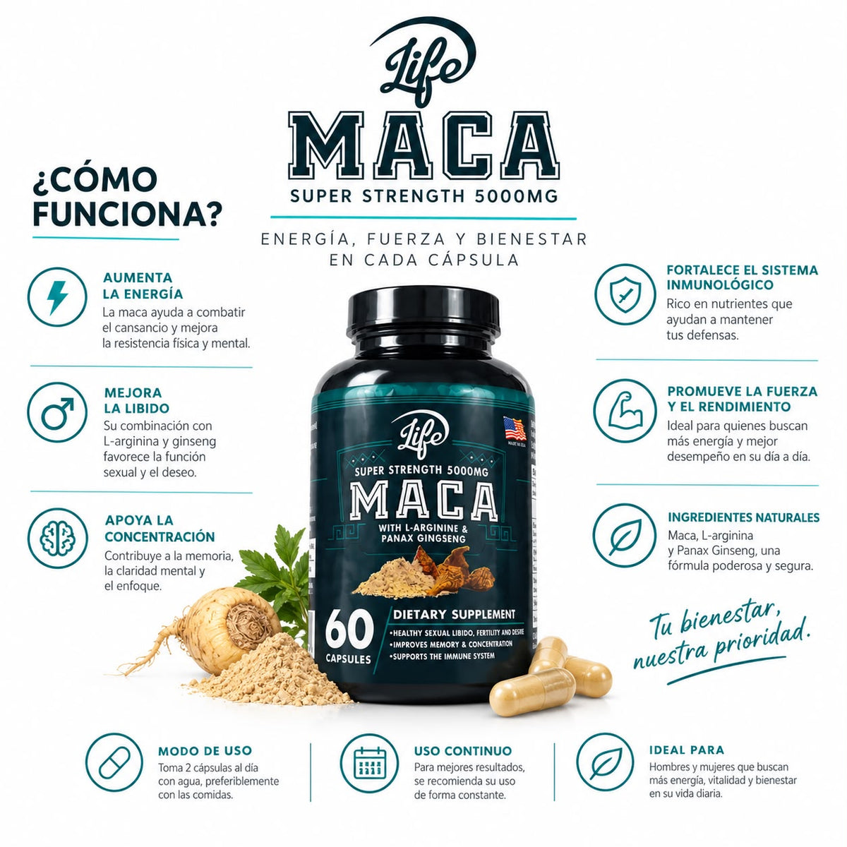 MACA SUPER STRENGTH 5000 MG – SUPLEMENTO DE VITALIDAD Y RENDIMIENTO